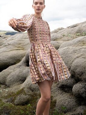 Oliphant Coated Gold Wine And Peach Graphic Printed Smocked Dress